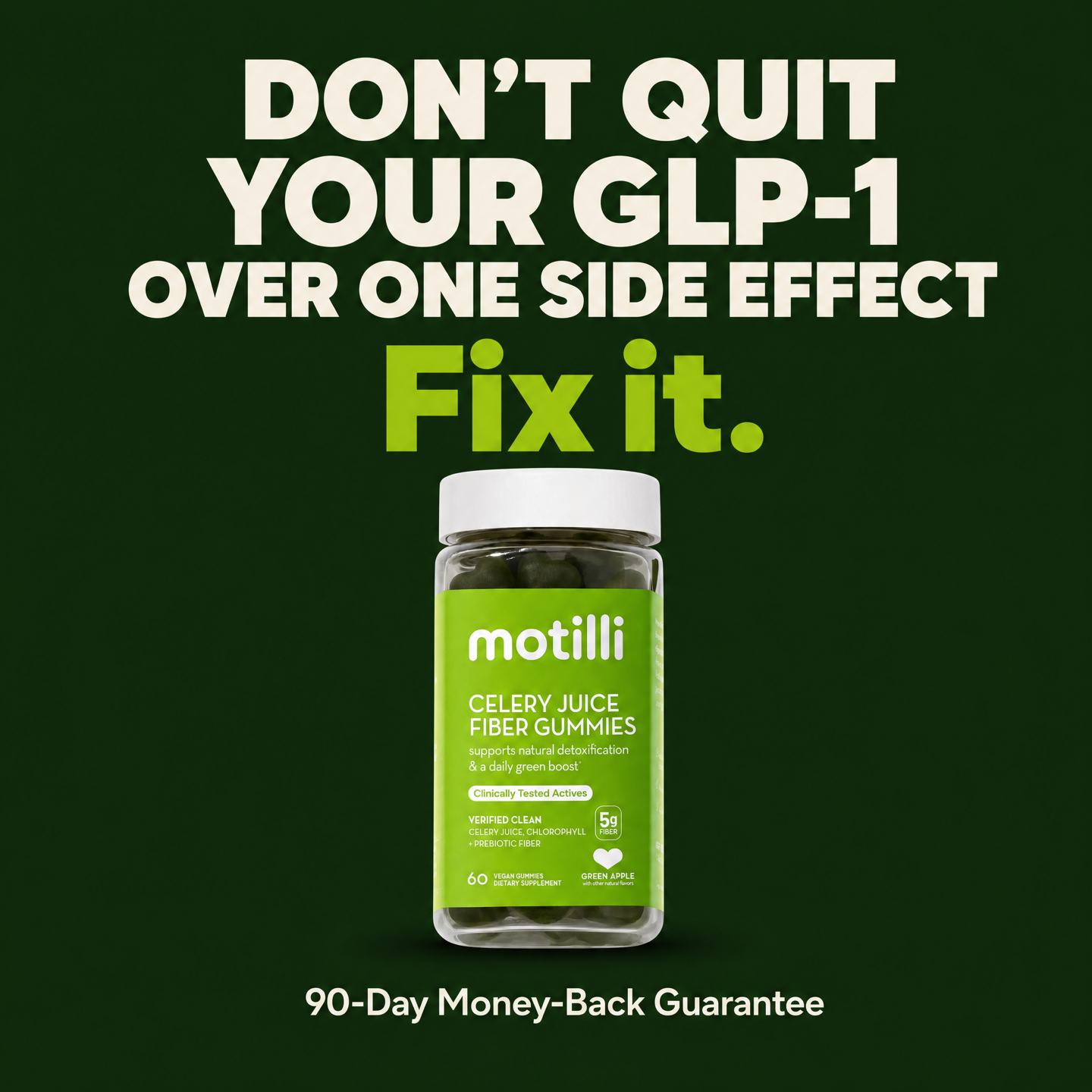 Don't quit your GLP-1 over one side effect — fix it. Motilli with a 90-day money-back guarantee.