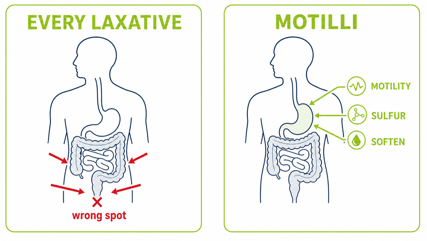 Two-panel diagram: every laxative aims at the colon/exit, while Motilli works at the stomach with three actions — motility, sulfur, soften.