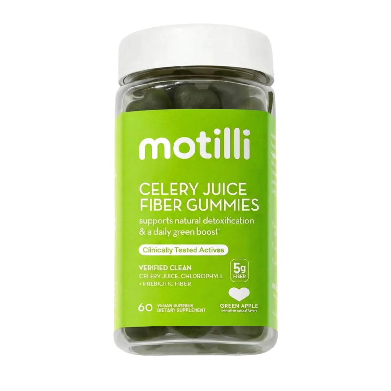 Motilli celery juice fiber gummies — the three-part daily formula for a slowed GLP-1 stomach.