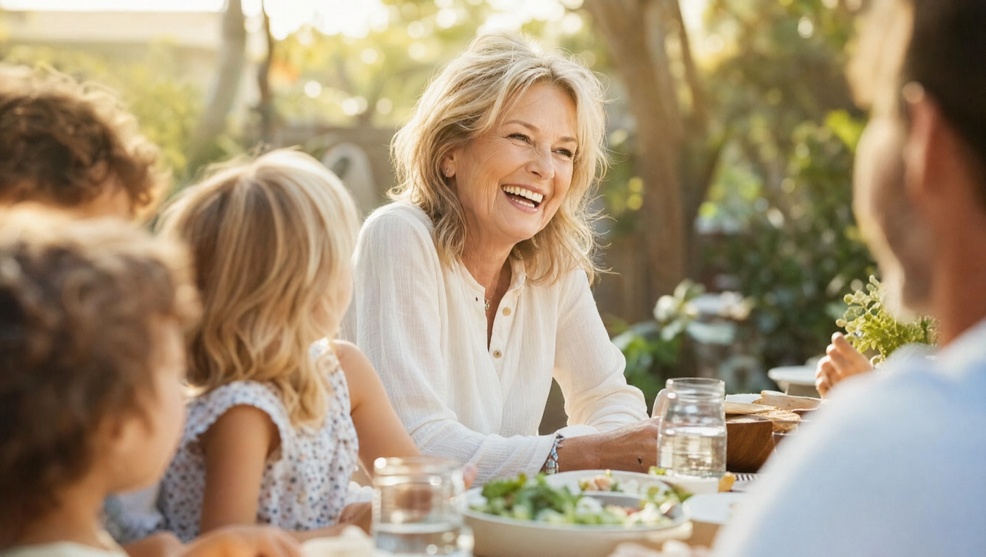 A woman in her late 50s relaxed and mid-laugh at an outdoor family table.